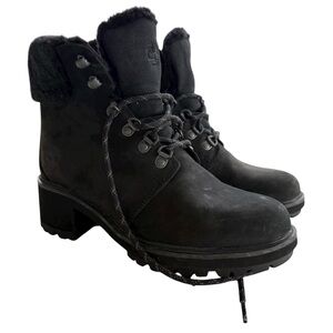 Timberland Womens Boots Kinsley Nubuck Mid Hiker Heeled Fur Collar Black SIZE 8
